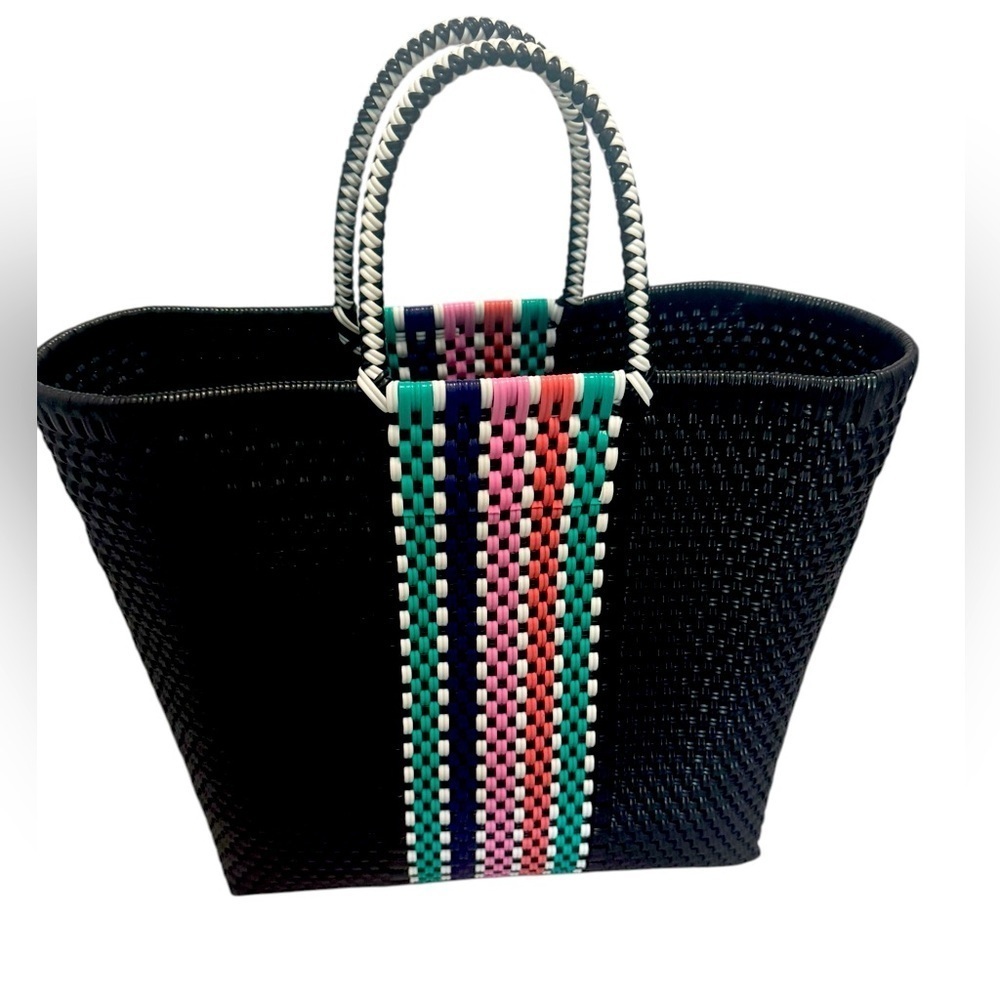 Handcrafted Black Pink/ White/ Green and Blue Center Striped 13x13x6 Tote Bag